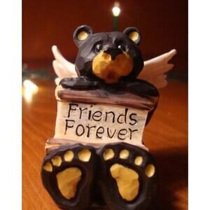 Black Bear Angel Figurine with Friends Forever Sign Lodge Cabin Rustic Decor New